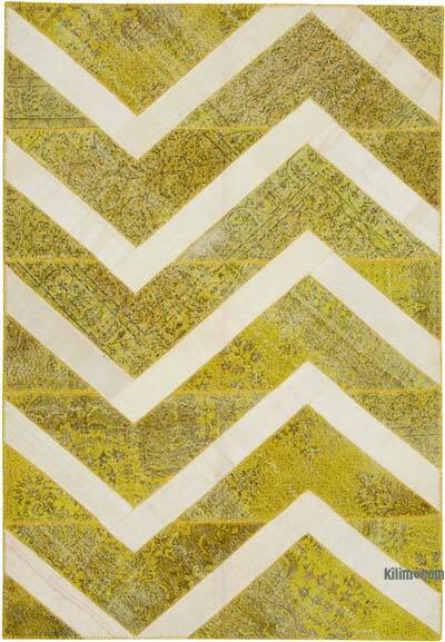 Yellow Patchwork Hand-Knotted Turkish Rug - 6' 8" x 9' 8" (80" x 116")