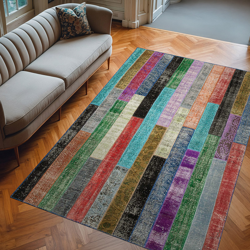 Multicolor Alfombra De Retazos Turca Sobre-teñida - 197 cm x 303 cm - K0051251