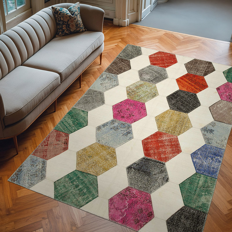 Multicolor Patchwork Hand-Knotted Turkish Rug - 6' 5" x 9' 5" (77" x 113") - K0051257