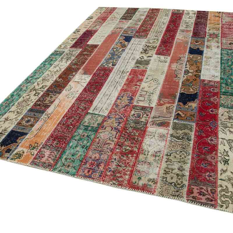 Multicolor, Red Patchwork Hand-Knotted Turkish Rug - 6' 7" x 9' 11" (79" x 119") - K0051264