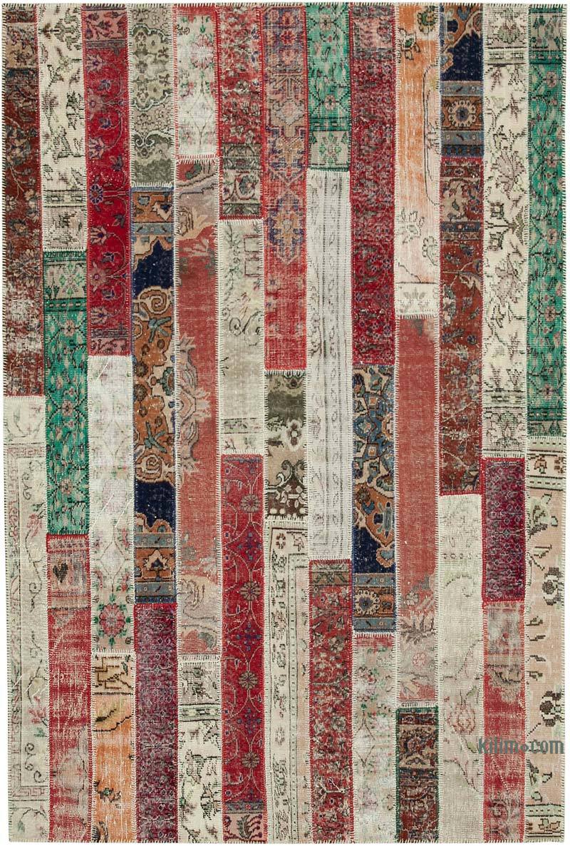 Multicolor, Red Patchwork Hand-Knotted Turkish Rug - 6' 7" x 9' 11" (79" x 119") - K0051264