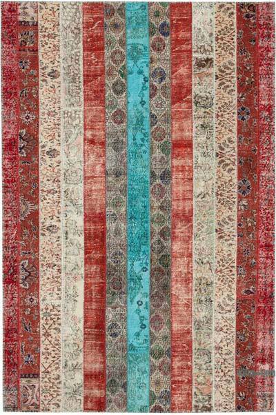 Red, Multicolor Patchwork Hand-Knotted Turkish Rug - 6' 8" x 10'  (80" x 120")