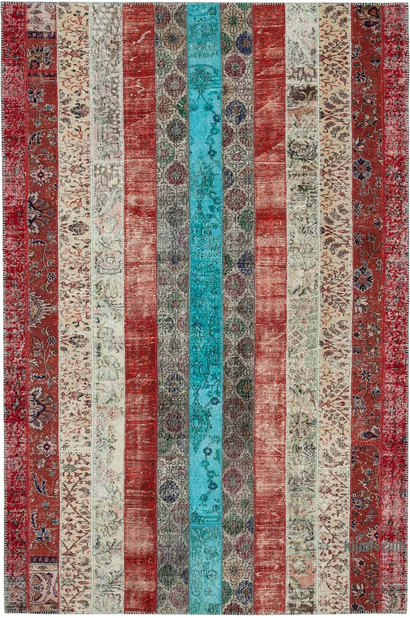 Red, Multicolor Patchwork Hand-Knotted Turkish Rug - 6' 8" x 10'  (80" x 120") - K0051275