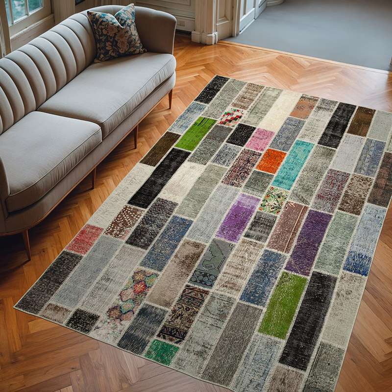 Multicolor Patchwork Hand-Knotted Turkish Rug - 6' 8" x 10' 3" (80" x 123") - K0051277