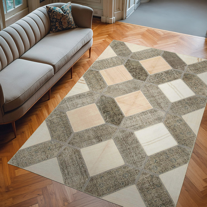 Gray, Beige Patchwork Hand-Knotted Turkish Rug - 6' 6" x 10'  (78" x 120") - K0051279