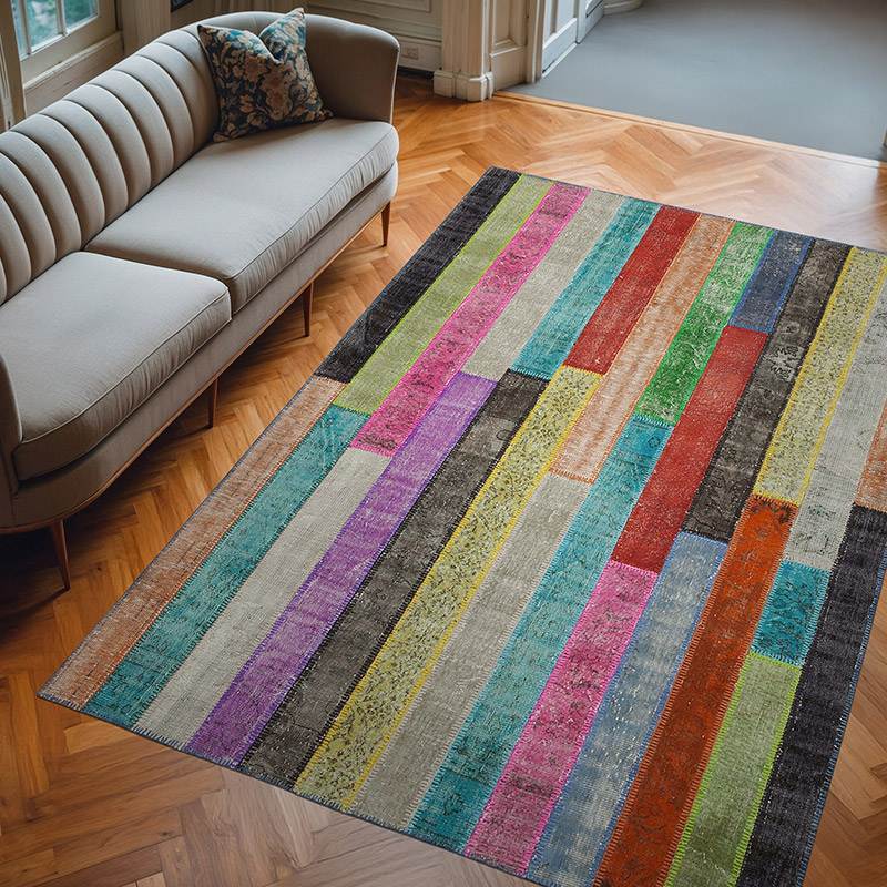 Multicolor Patchwork Hand-Knotted Turkish Rug - 6' 9" x 9' 11" (81" x 119") - K0051280