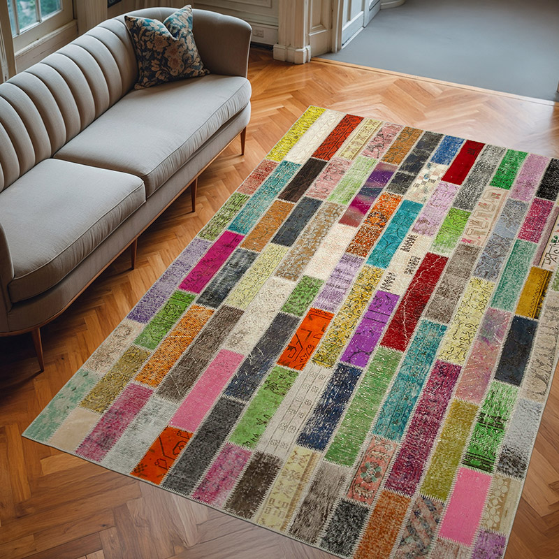 Multicolor Patchwork Hand-Knotted Turkish Rug - 6' 11" x 10'  (83" x 120") - K0051285
