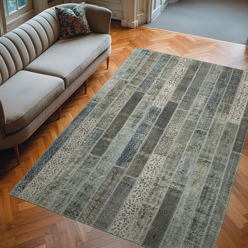 Gray Patchwork Hand-Knotted Turkish Rug - 6' 8" x 10'  (80" x 120") - K0051287