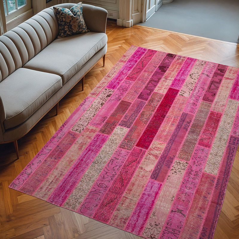 Pink Patchwork Hand-Knotted Turkish Rug - 6' 9" x 10'  (81" x 120") - K0051290