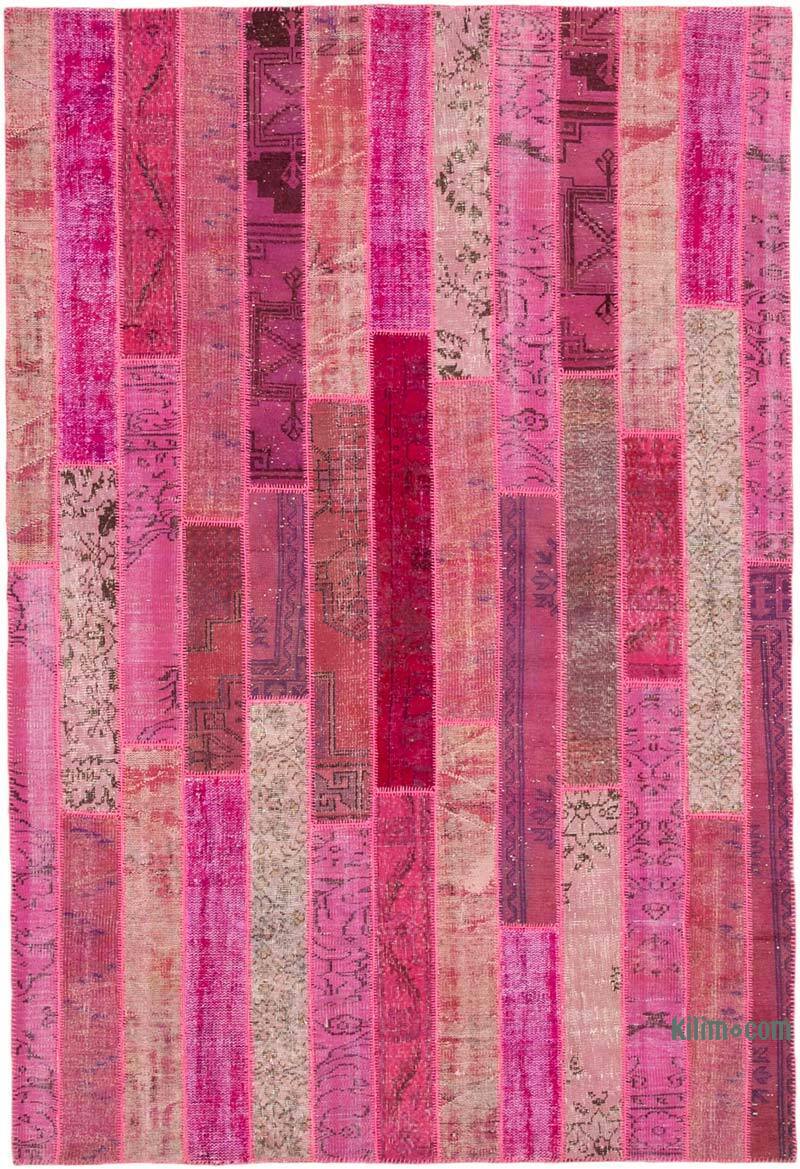 Pink Patchwork Hand-Knotted Turkish Rug - 6' 9" x 10'  (81" x 120") - K0051290