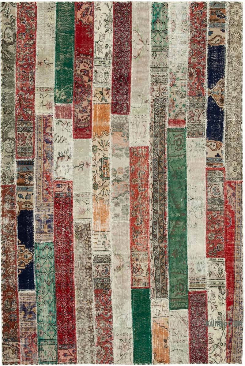 Multicolor, Red Patchwork Hand-Knotted Turkish Rug - 6' 7" x 9' 11" (79" x 119") - K0051292
