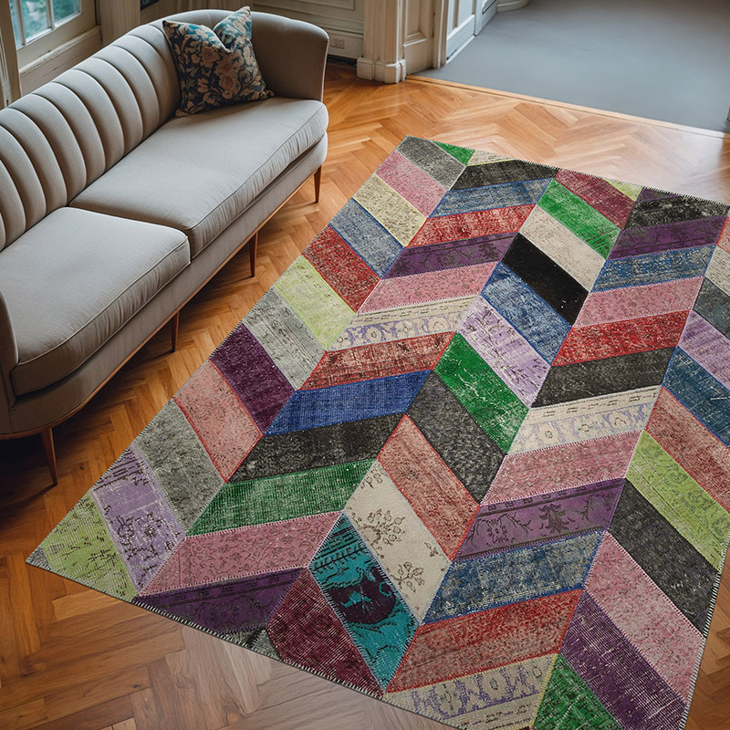 Multicolor Patchwork Hand-Knotted Turkish Rug - 7' 1" x 9' 11" (85" x 119") - K0051293