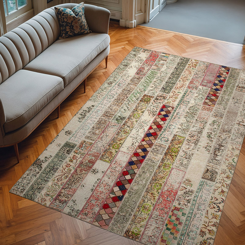Multicolor, Red Patchwork Hand-Knotted Turkish Rug - 6' 8" x 10'  (80" x 120") - K0051303