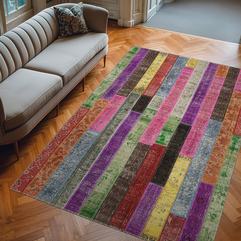 Multicolor Alfombra De Retazos Turca Sobre-teñida - 205 cm x 302 cm - K0051304