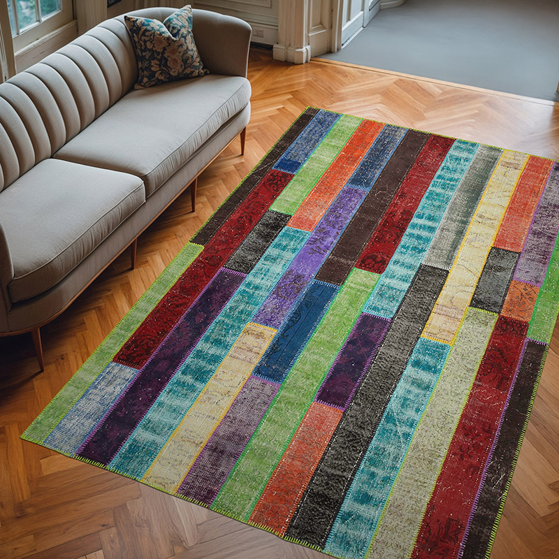 Multicolor Alfombra De Retazos Turca Sobre-teñida - 202 cm x 302 cm - K0051306