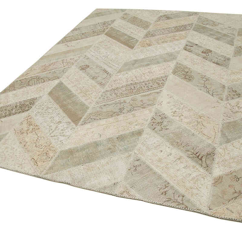 Beige Patchwork Hand-Knotted Turkish Rug - 8'  x 10' 1" (96" x 121") - K0051318