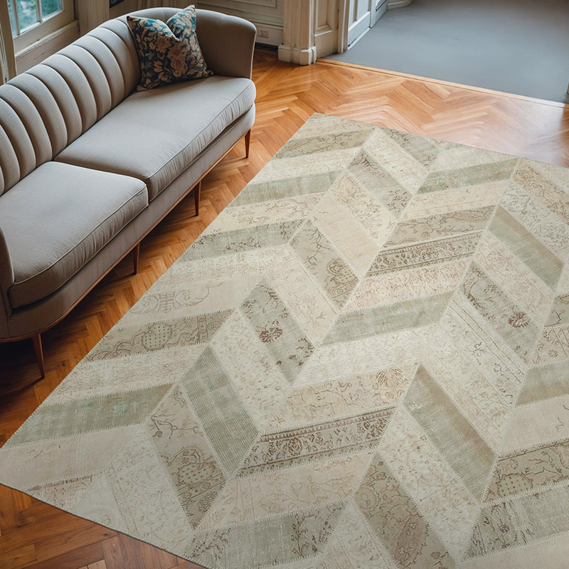 Beige Patchwork Hand-Knotted Turkish Rug - 8'  x 10' 1" (96" x 121") - K0051318