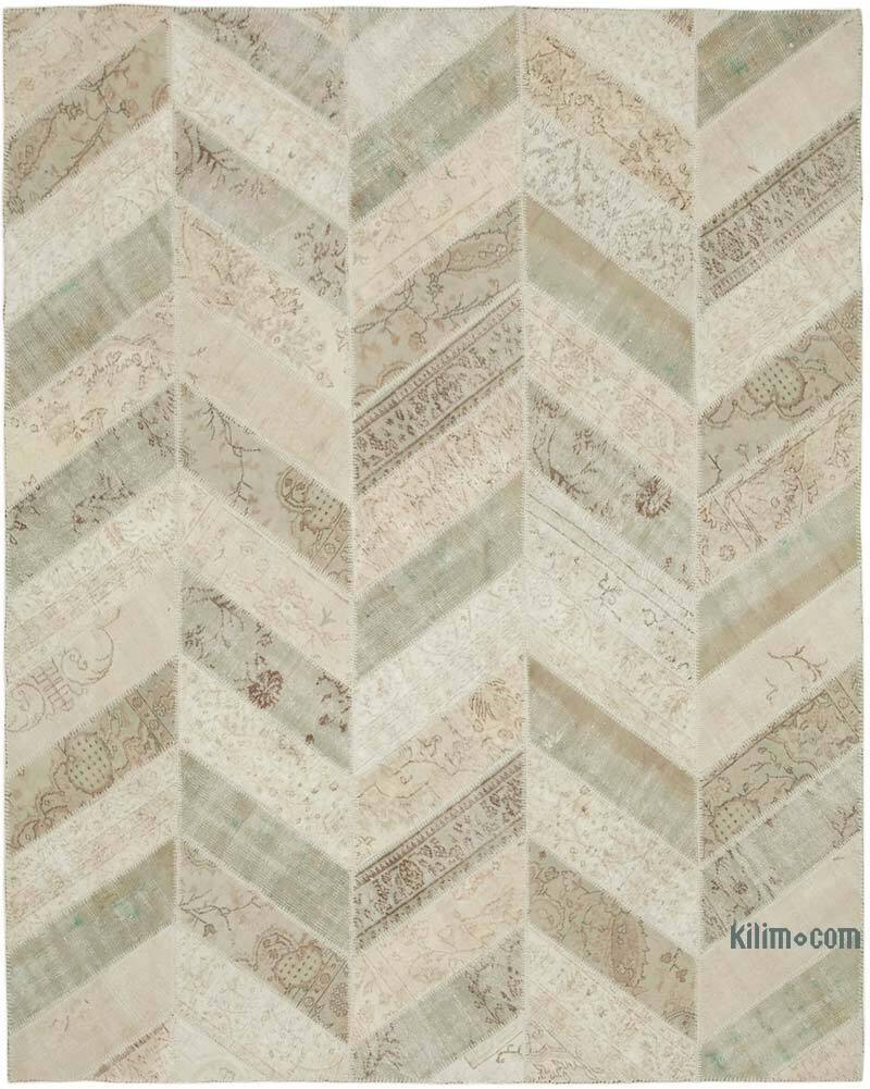 Beige Patchwork Hand-Knotted Turkish Rug - 8'  x 10' 1" (96" x 121") - K0051318