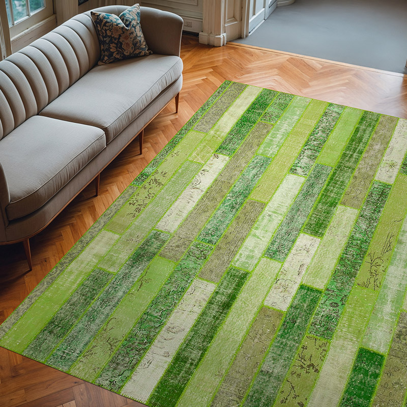 Green Patchwork Hand-Knotted Turkish Rug - 8'  x 10' 1" (96" x 121") - K0051319