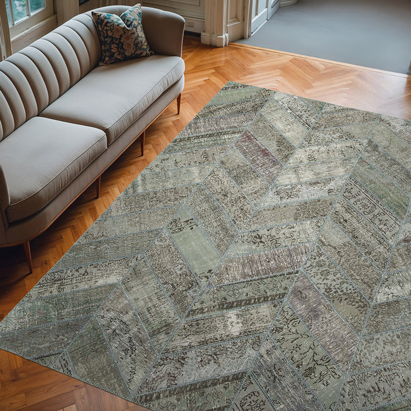 Gray Patchwork Hand-Knotted Turkish Rug - 8' 1" x 10' 1" (97" x 121") - K0051322