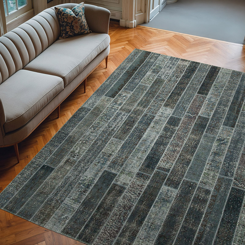 Gray Patchwork Hand-Knotted Turkish Rug - 7' 10" x 10' 1" (94" x 121") - K0051324