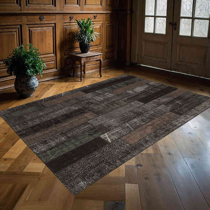 Brown Patchwork Hand-Knotted Turkish Rug - 5' 7" x 8'  (67" x 96") - K0051328