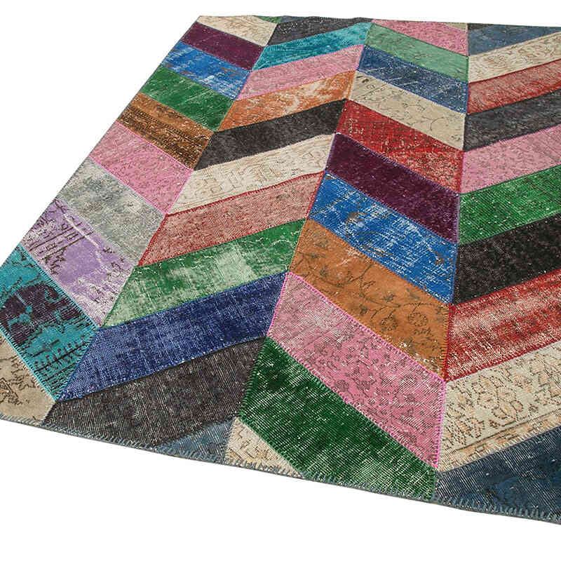 Multicolor Patchwork Hand-Knotted Turkish Rug - 5' 7" x 8' 1" (67" x 97") - K0051330