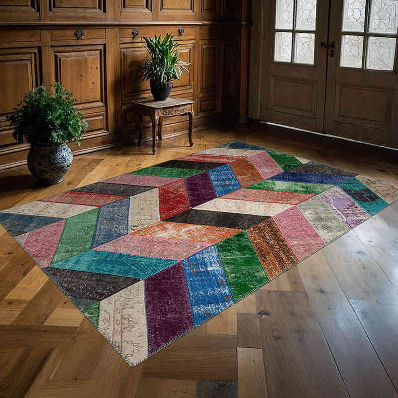 Multicolor Patchwork Hand-Knotted Turkish Rug - 5' 7" x 8' 1" (67" x 97") - K0051330