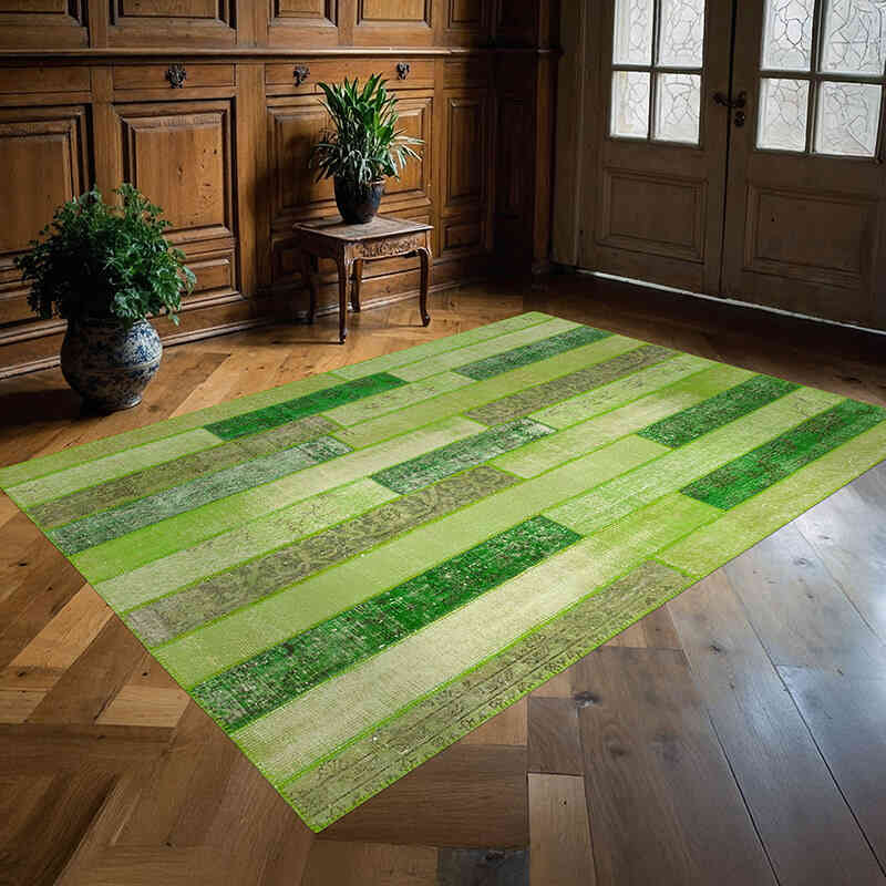 Yeşil Boyalı Patchwork Halı - 174 cm x 243 cm - K0051335