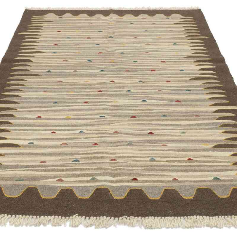 Beige, Marrón Nueva Alfombra Turca Kilim - 121 cm x 180 cm - K0051350