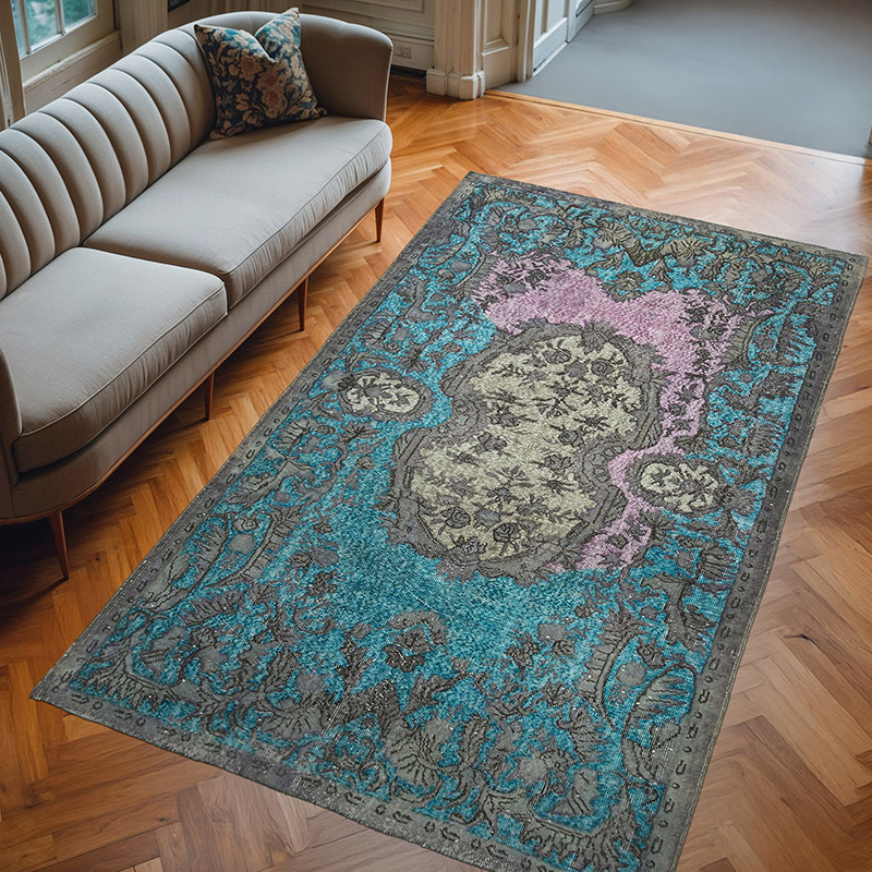 Gris, Turquesa Alfombra Tallada a Mano Sobre Teñida - 163 cm x 280 cm - K0051683