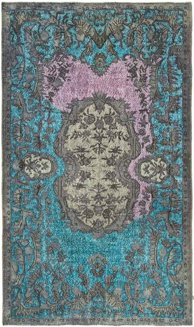 Gray, Aqua Hand Carved Over-Dyed Rug - 5' 4" x 9' 2" (64" x 110")