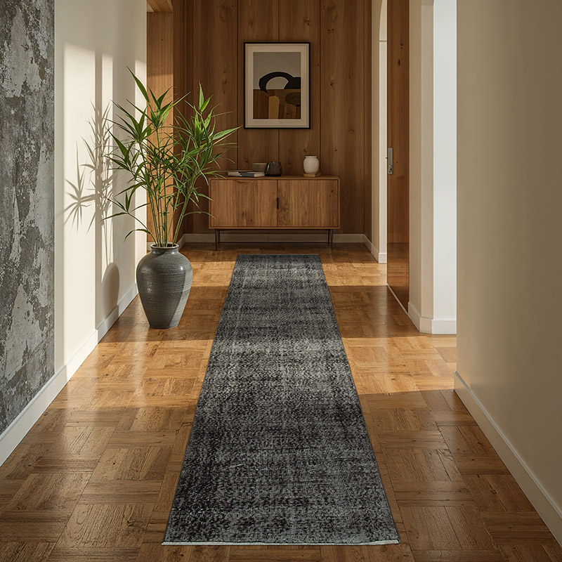 Siyah Boyalı El Dokuma Vintage Halı Yolluk - 90 cm x 292 cm - K0052148