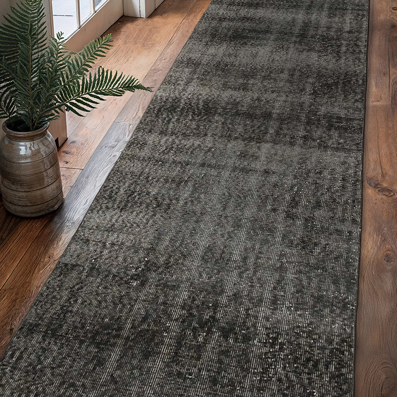 Negro Alfombra de Pasillo Turca Vintage Sobreteñida - 90 cm x 326 cm - K0052152