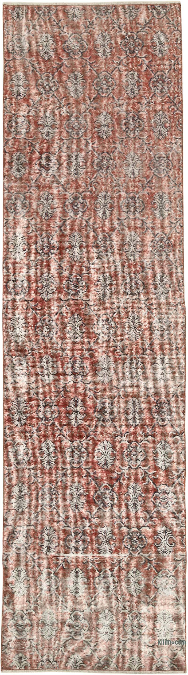 Rojo Alfombra de Pasillo Turca Vintage Sobreteñida - 92 cm x 335 cm - K0052160