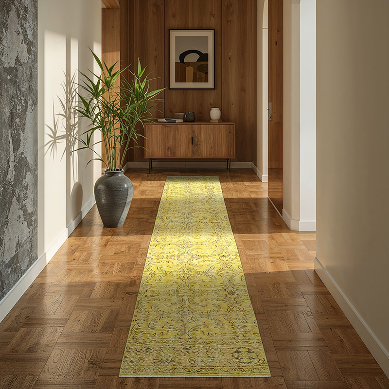 Amarillo Alfombra de Pasillo Turca Vintage Sobreteñida - 81 cm x 290 cm - K0052186
