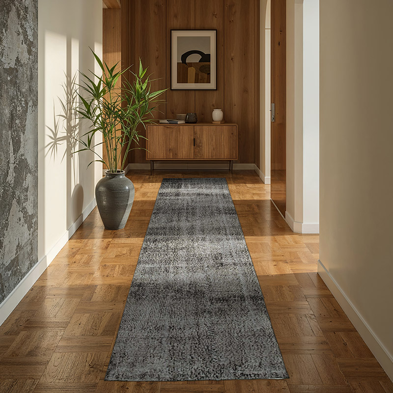 Siyah Boyalı El Dokuma Vintage Halı Yolluk - 92 cm x 272 cm - K0052223