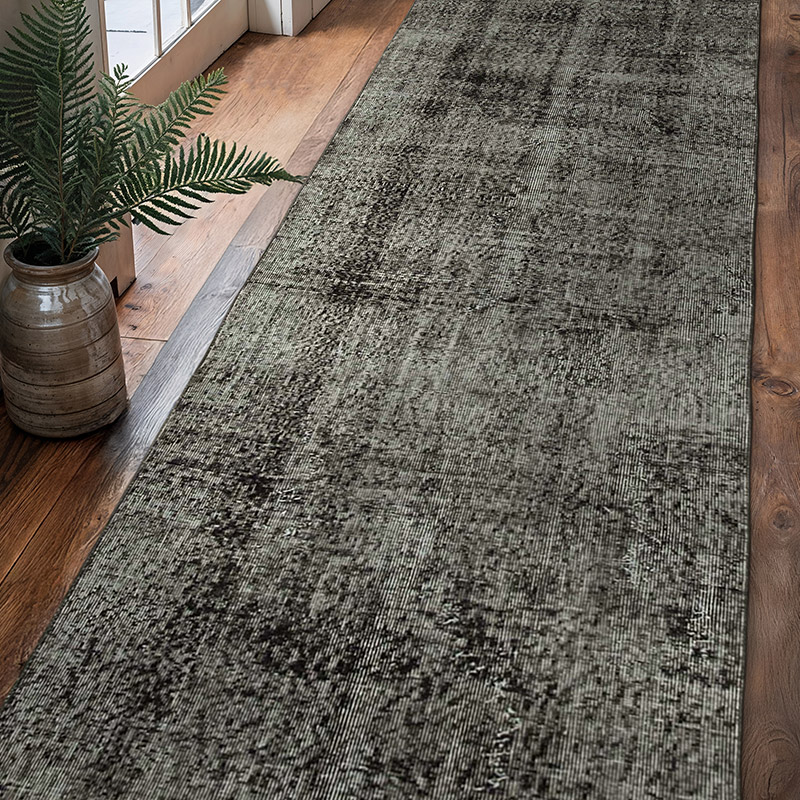 Negro Alfombra de Pasillo Turca Vintage Sobreteñida - 90 cm x 306 cm - K0052241