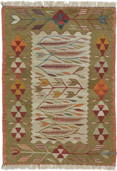 Green, Beige New Handwoven Turkish Kilim Rug - 2' 11" x 4'  (35" x 48")