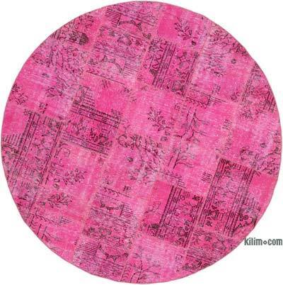 Pink Round Patchwork Hand-Knotted Turkish Rug - 6' 7" x 6' 7" (79" x 79")