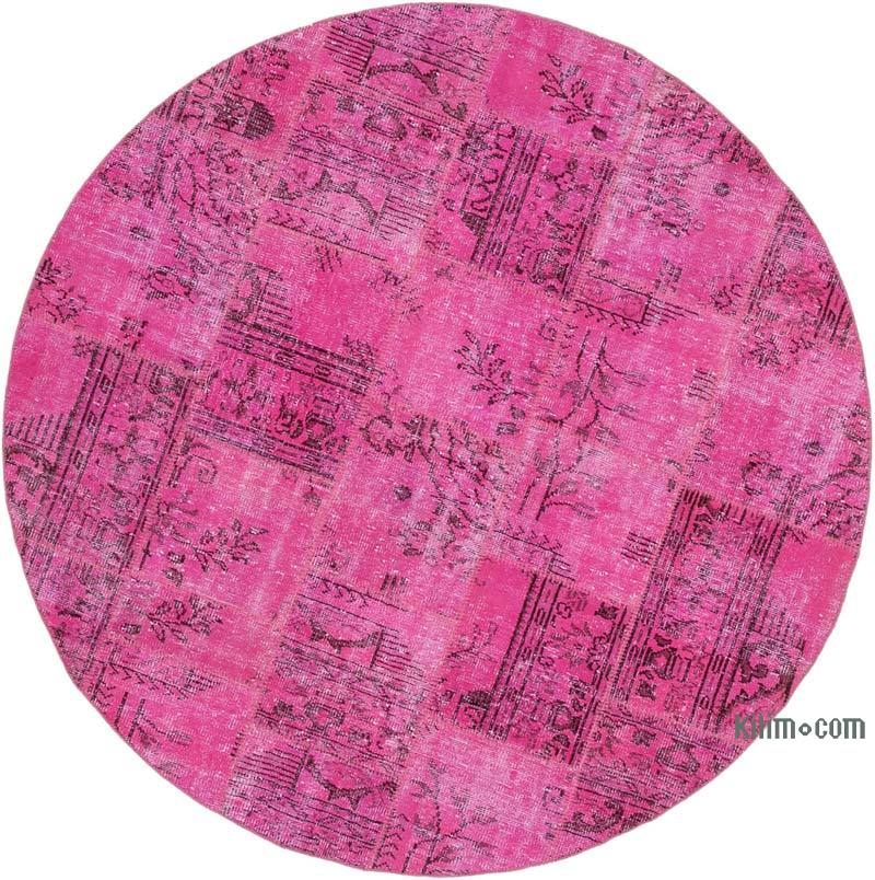 Pink Round Patchwork Hand-Knotted Turkish Rug - 6' 7" x 6' 7" (79" x 79") - K0052345