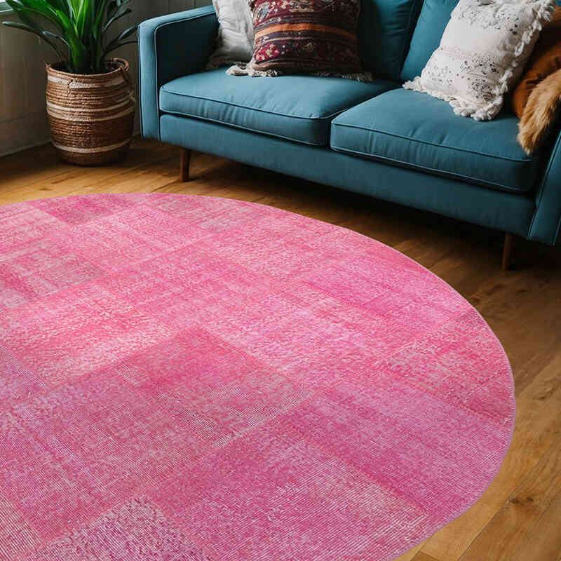 Pink Round Patchwork Hand-Knotted Turkish Rug - 6' 9" x 6' 9" (81" x 81") - K0052360