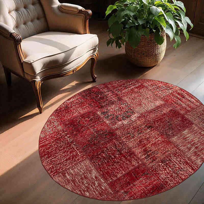 Red Round Patchwork Hand-Knotted Turkish Rug - 4' 11" x 4' 11" (59" x 59") - K0052377