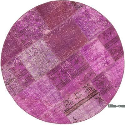 Purple Round Patchwork Hand-Knotted Turkish Rug - 5'  x 5'  (60" x 60")