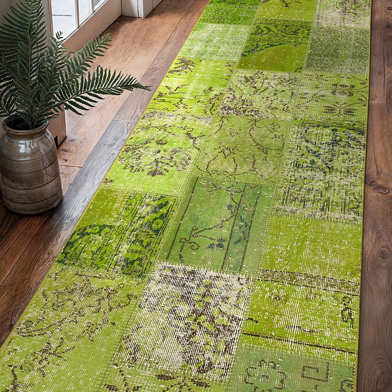 Verde Alfombra De Retazos Turca Sobre-teñida - 86 cm x 300 cm - K0053865