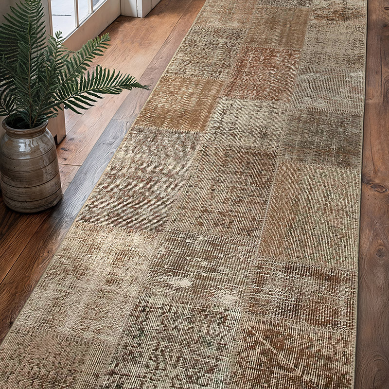 Kahverengi Boyalı Patchwork Halı - 86 cm x 301 cm - K0053876