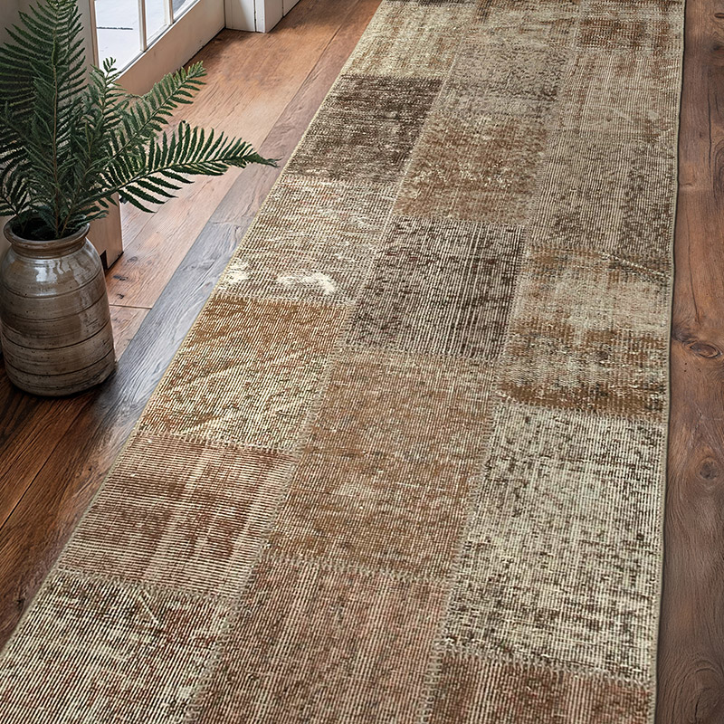 Marrón Alfombra De Retazos Turca Sobre-teñida - 86 cm x 304 cm - K0053878