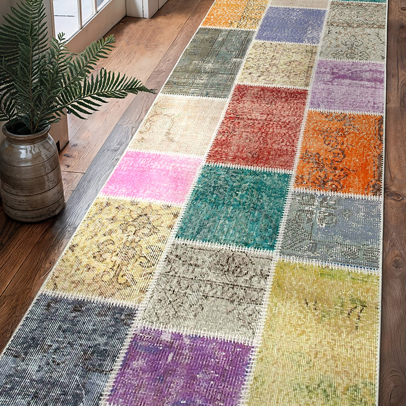 Multicolor Patchwork Hand-Knotted Turkish Runner - 3'  x 9' 10" (36" x 118") - K0053879