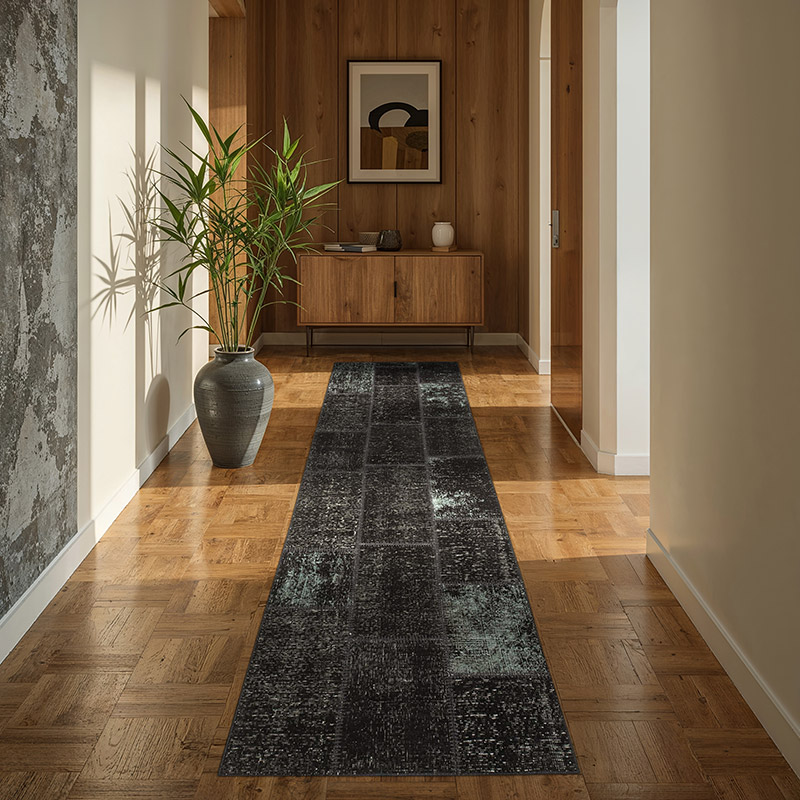 Negro Alfombra De Retazos Turca Sobre-teñida - 87 cm x 268 cm - K0053885
