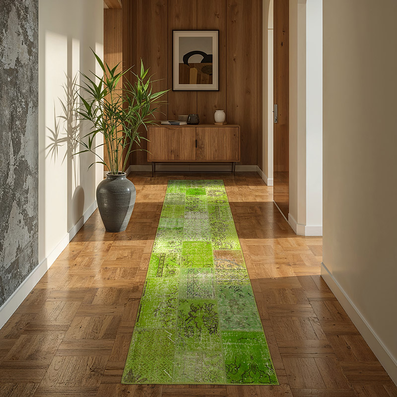 Green Patchwork Hand-Knotted Turkish Runner - 2' 10" x 9' 10" (34" x 118") - K0053888